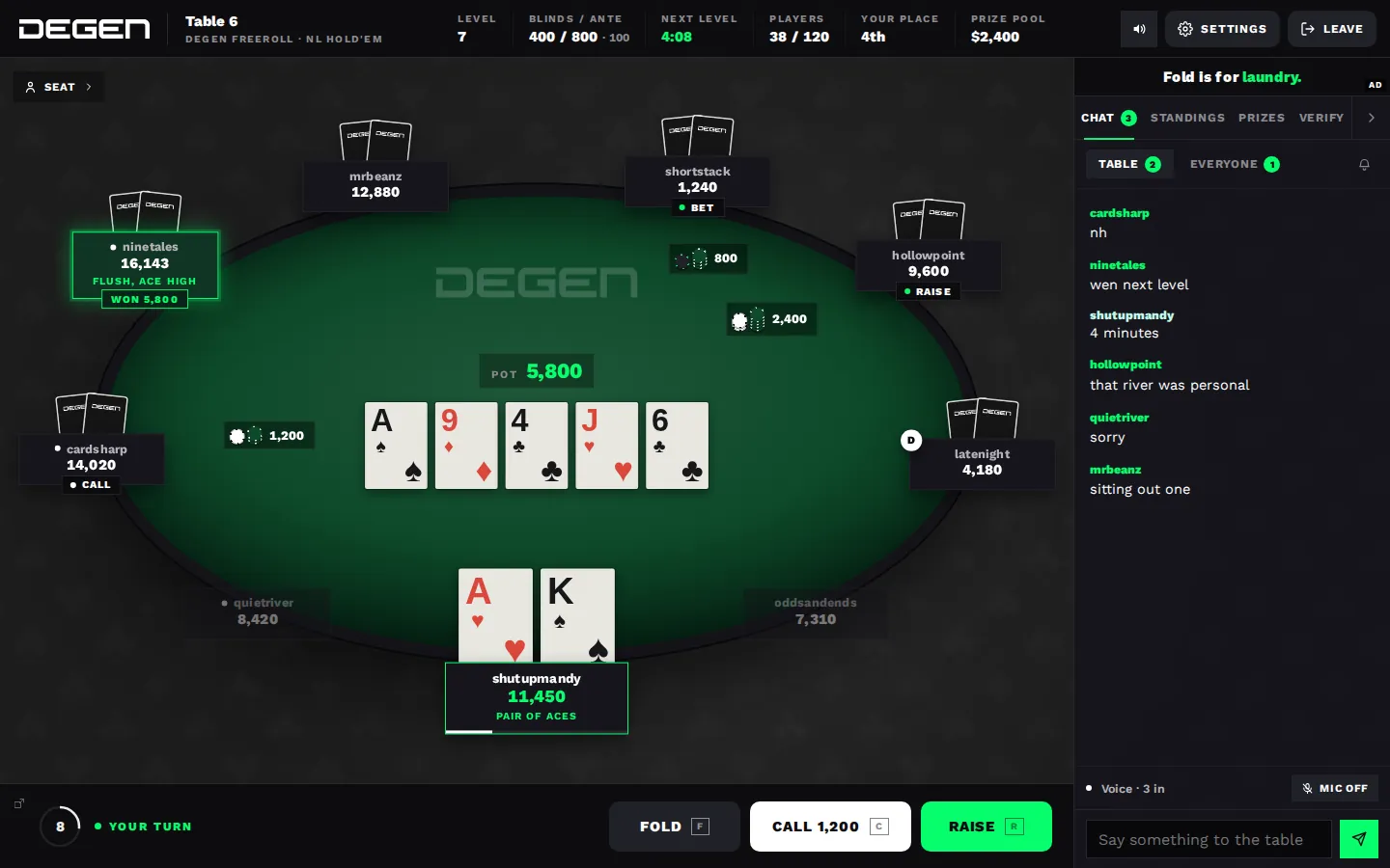 A wen.poker table in Degen's black and neon green, with the Degen logo on the felt