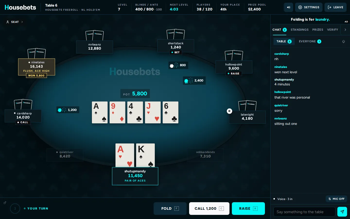 A wen.poker table in Housebets' deep navy and cyan, with the Housebets logo on the felt