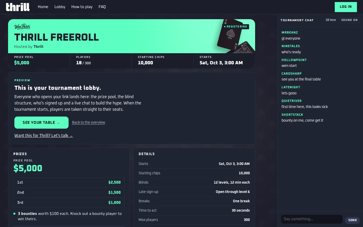 The Thrill tournament lobby