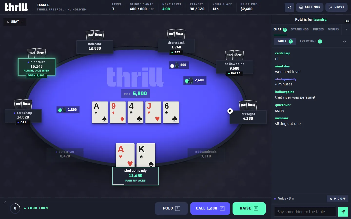 A wen.poker table in Thrill's purple and lime, with the Thrill logo on the felt