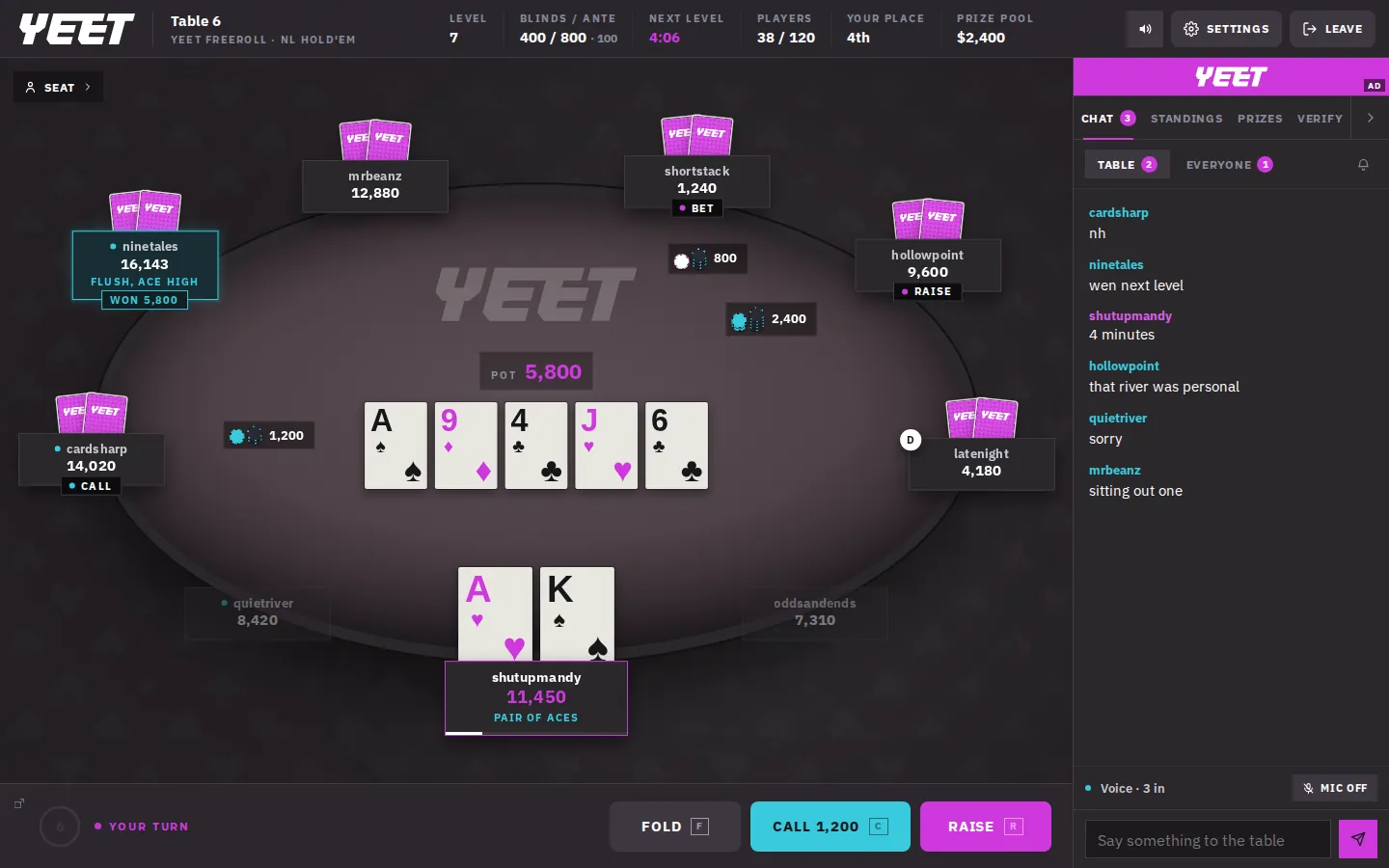A wen.poker table in YEET's magenta and cyan, with the YEET logo on the felt